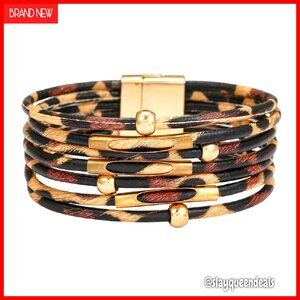 Leopard Print Leather Wrap Bracelet Handmade Layered Cuff Bangle Jewelry